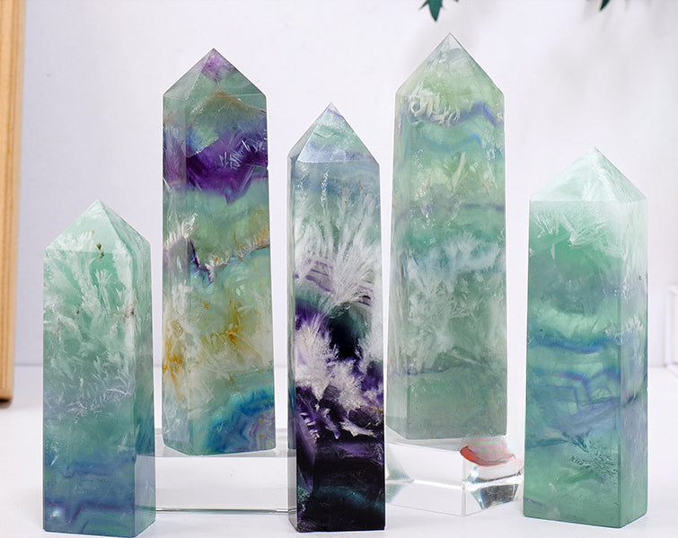 Crystal feather fluorite single pointed tetrahedral pillar