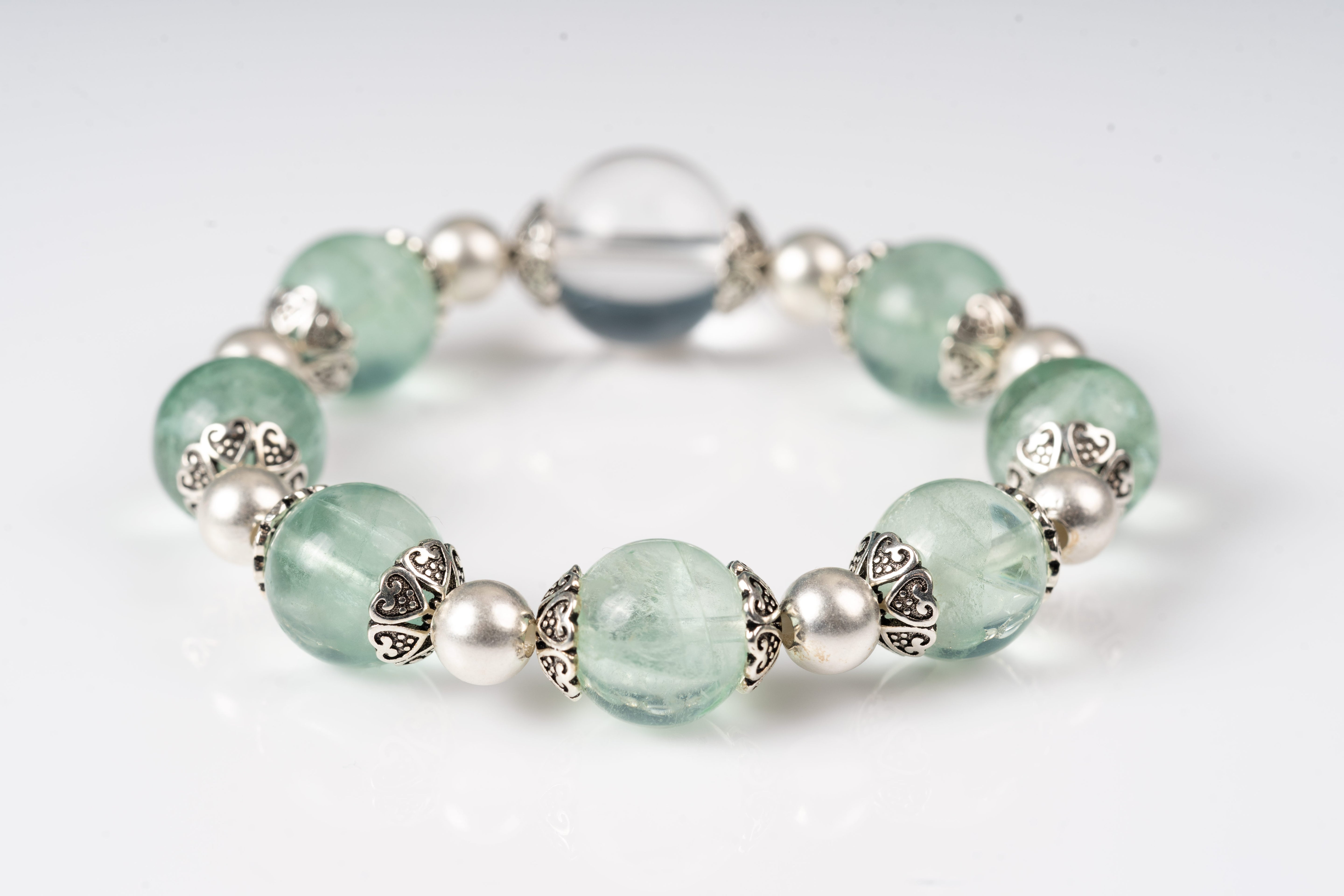 Green fluorite & clear quartz Sterling silver bracelet