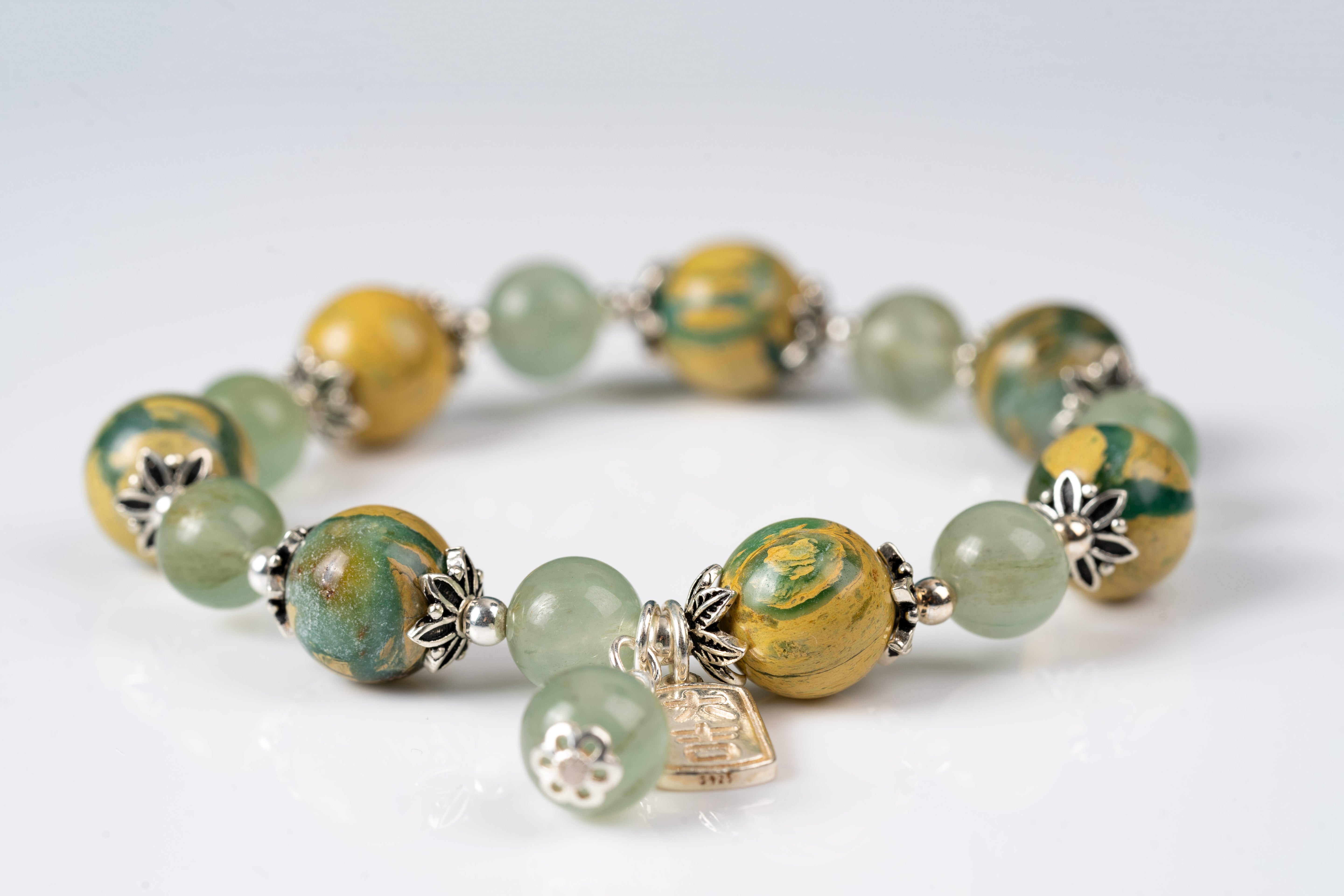 Jade jasper & green moonstone sterling silver bracelet