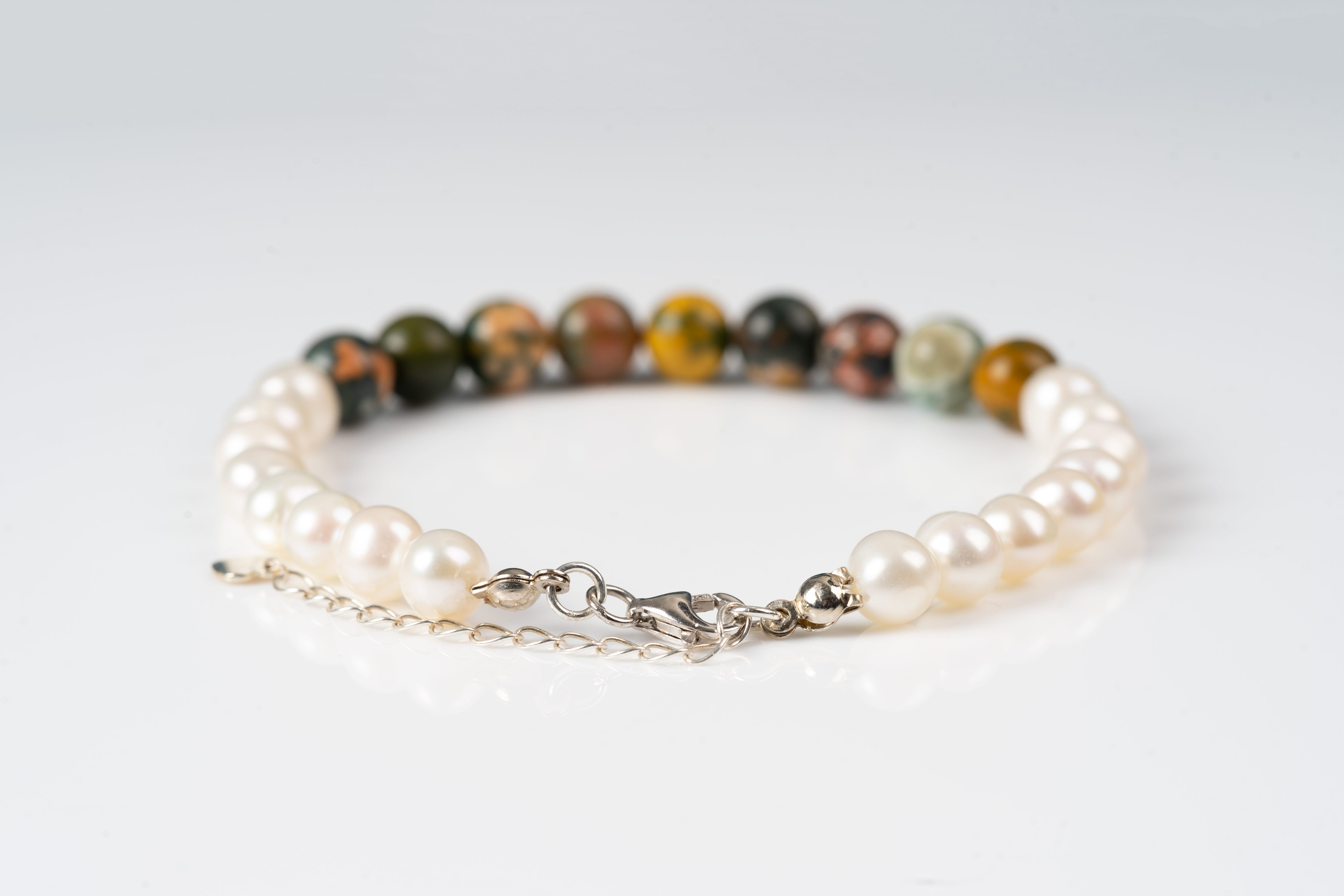 Ocean jasper & pearl sterling silver bracelet