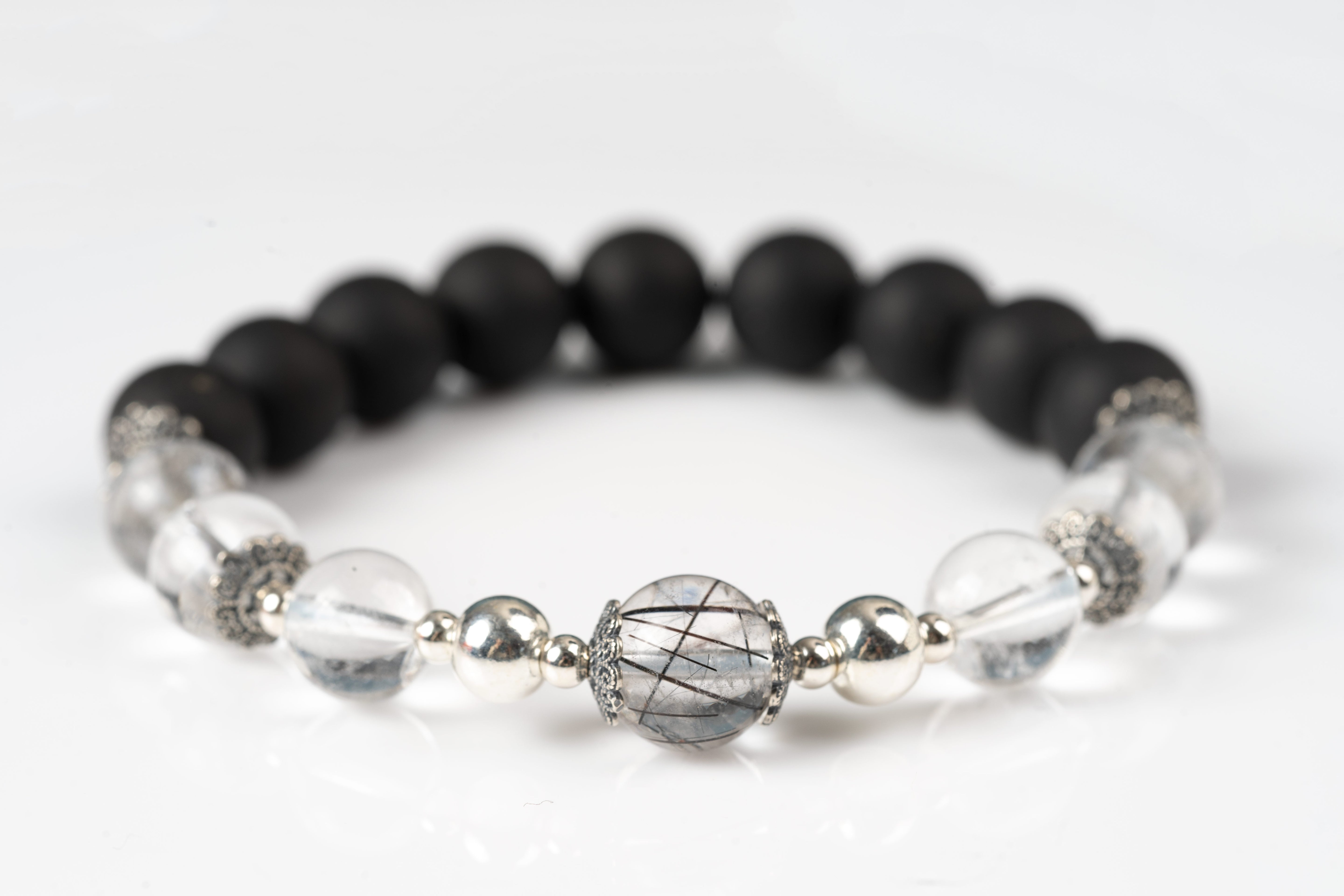 Shungite & clear quartz & black tourmaline  Sterling silver bracelet