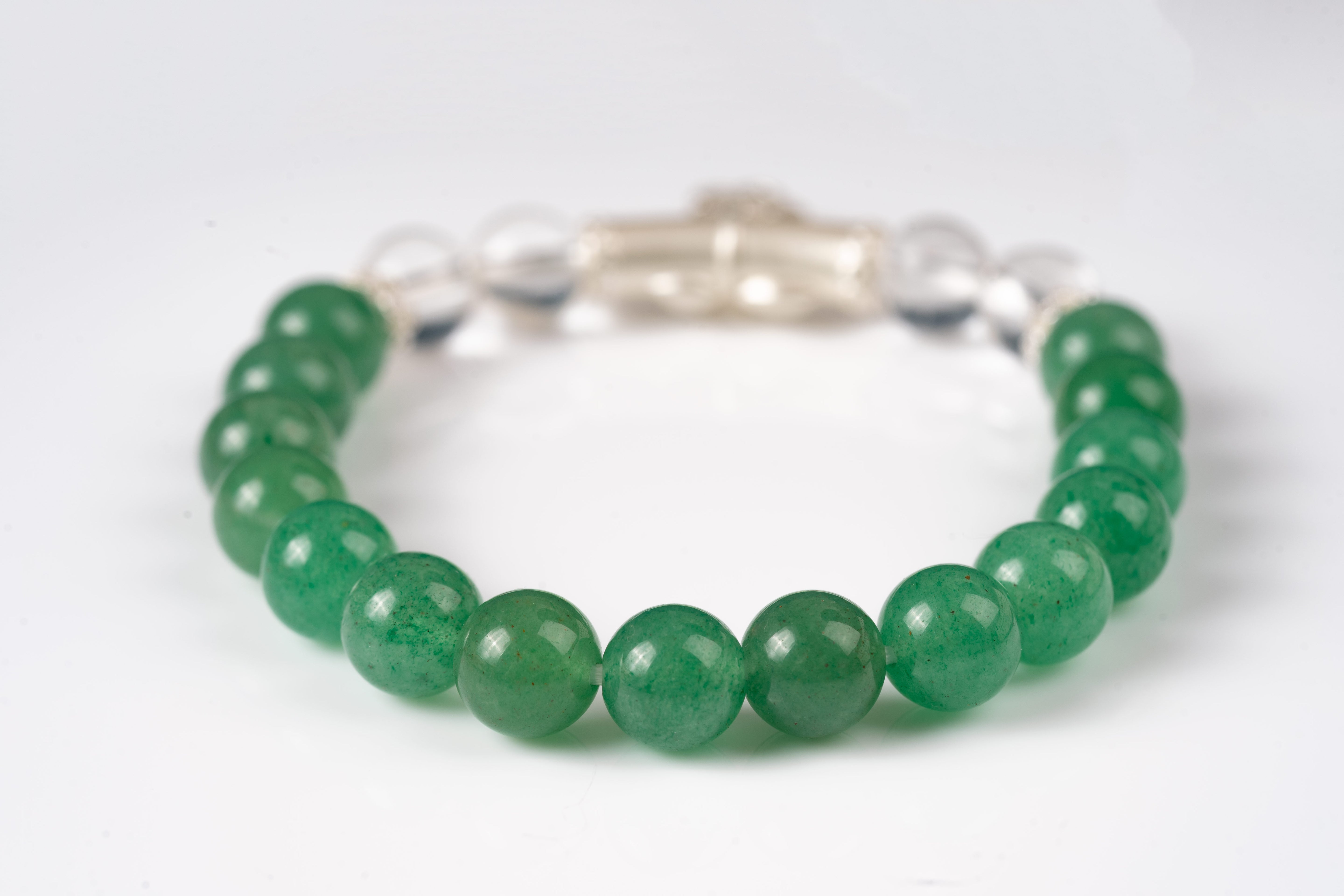 Green aventurine jade & clear quartz sterling silver bracelet