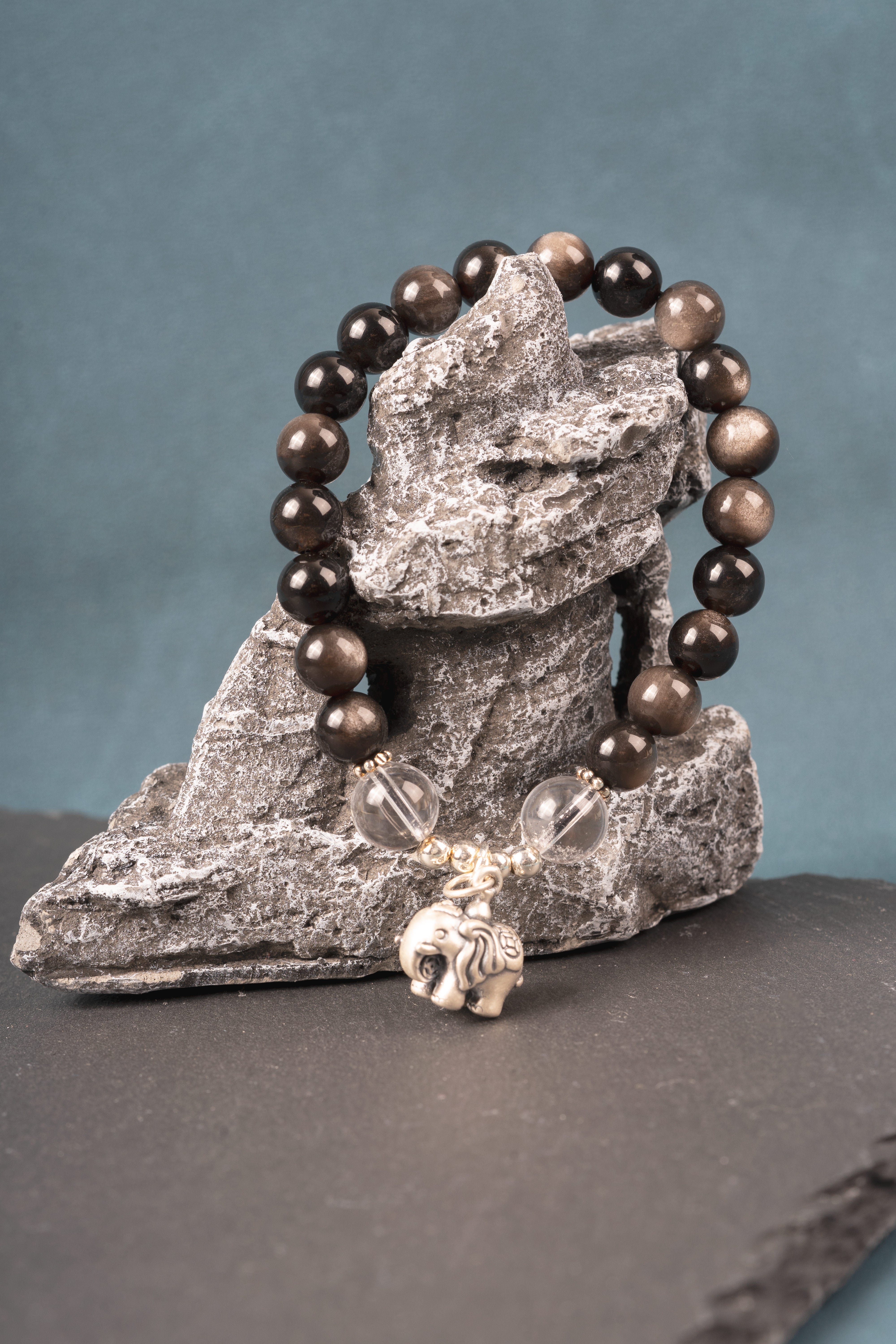 Sliver obsidian & clear quartz Sterling silver bracelet