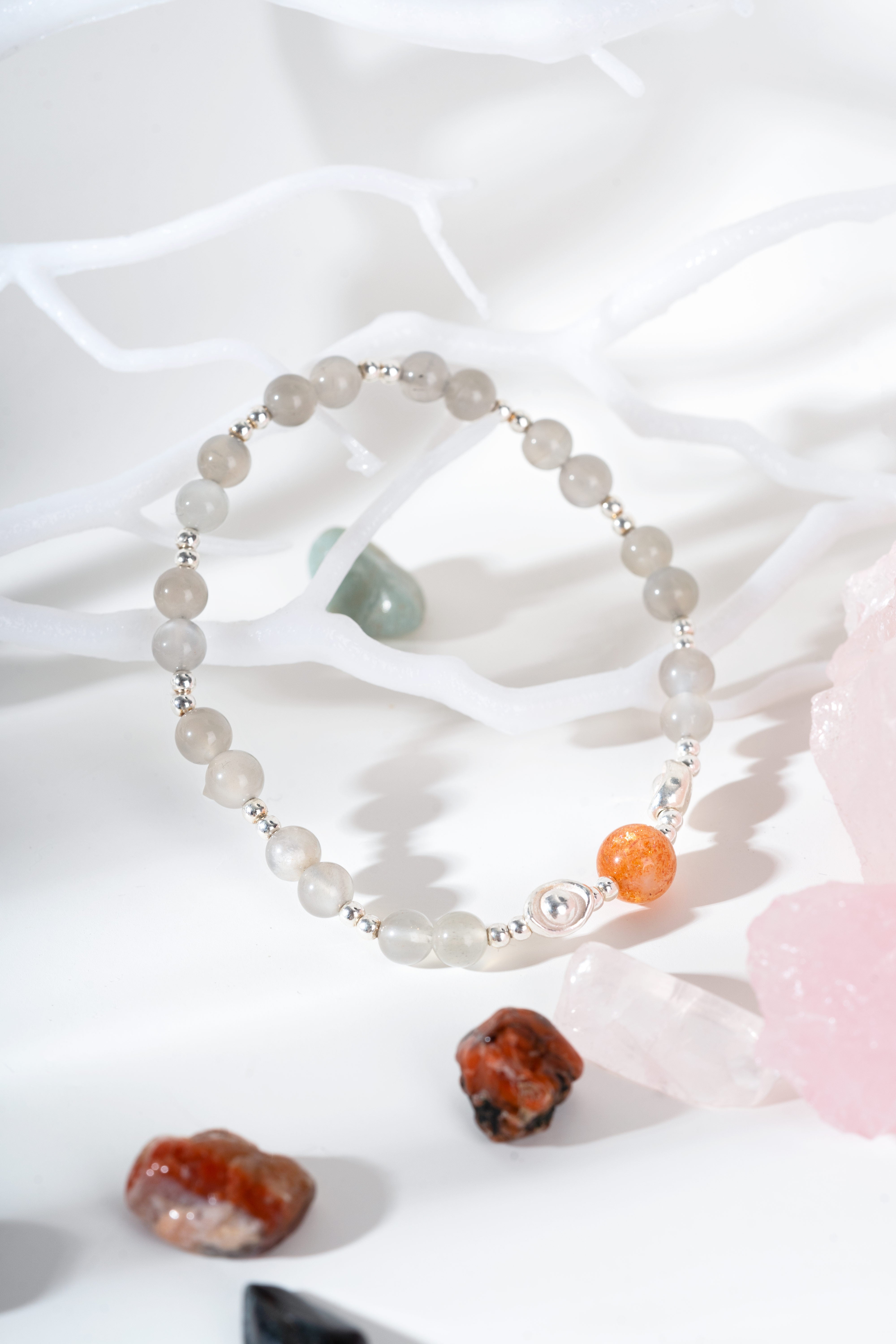 sunstone  & gray moonstone sterling silver bracelet