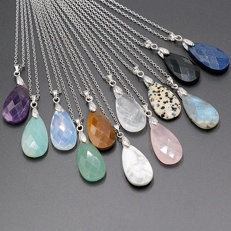 Natural Crystal Water Drop Faced Cut Pendant Necklace