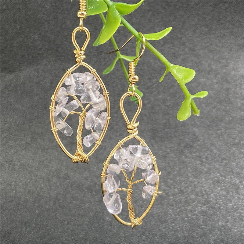 Heart-shaped tree of life crystal earrings