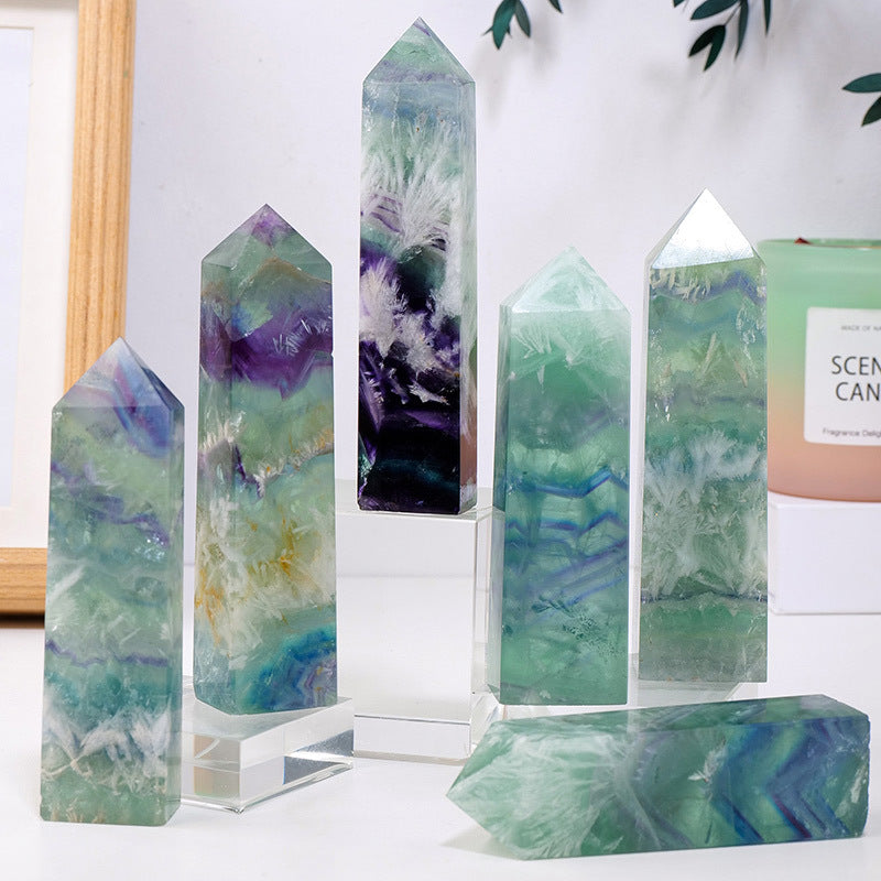 Crystal feather fluorite single pointed tetrahedral pillar