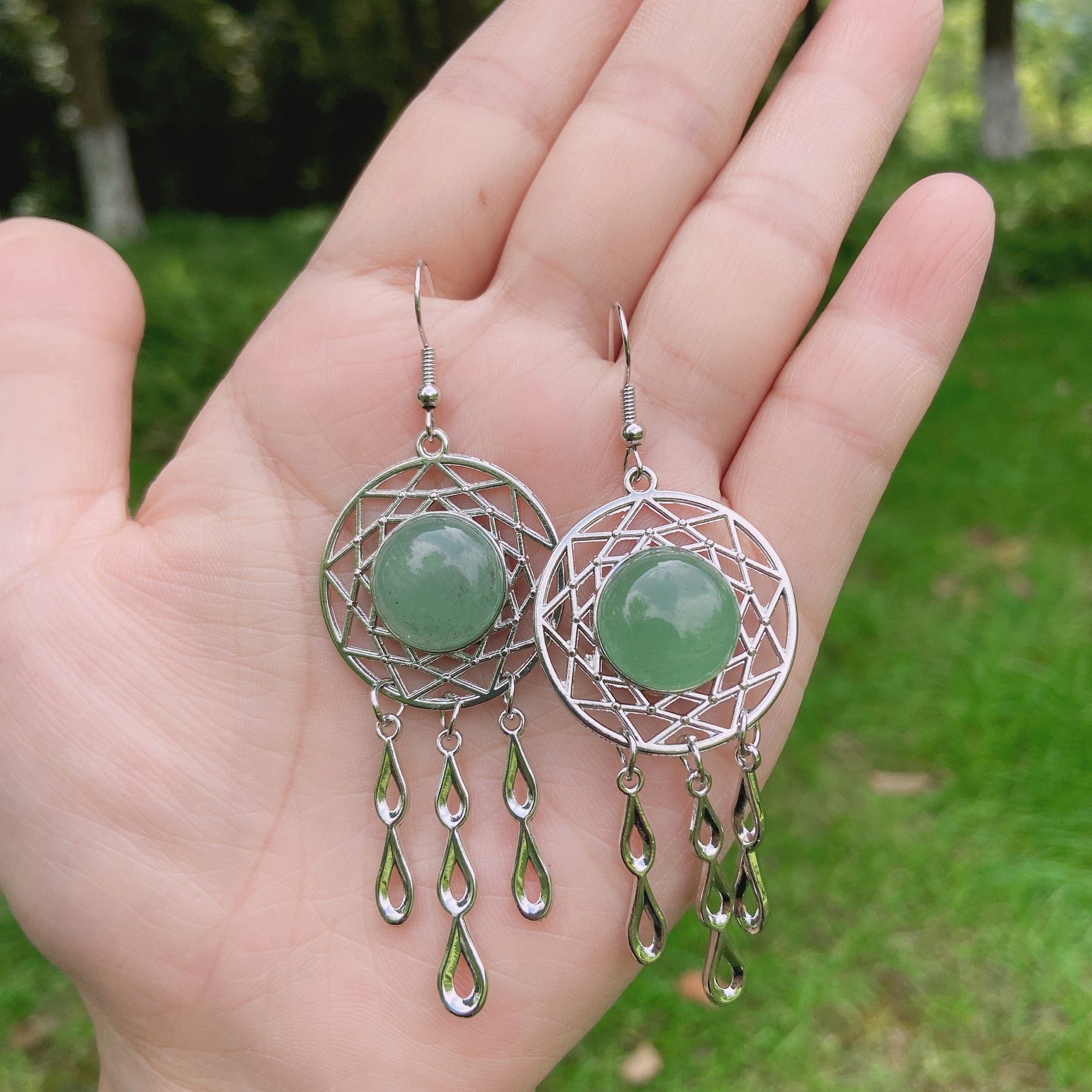 Rock crystal jade dream catcher earrings